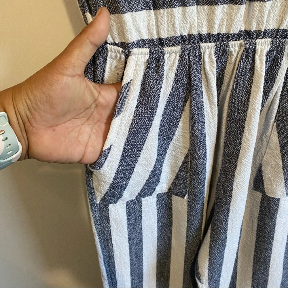 Orange Creek Women's Striped Perfection Jumpsuit Navy White Medium USA Cotton